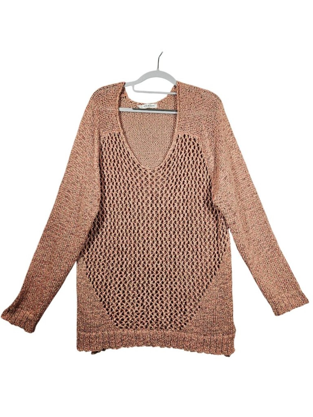 Maurices Sweater Tunic Womens 20 Pink Tan Ribbon loose knit Layer Hippie boho
